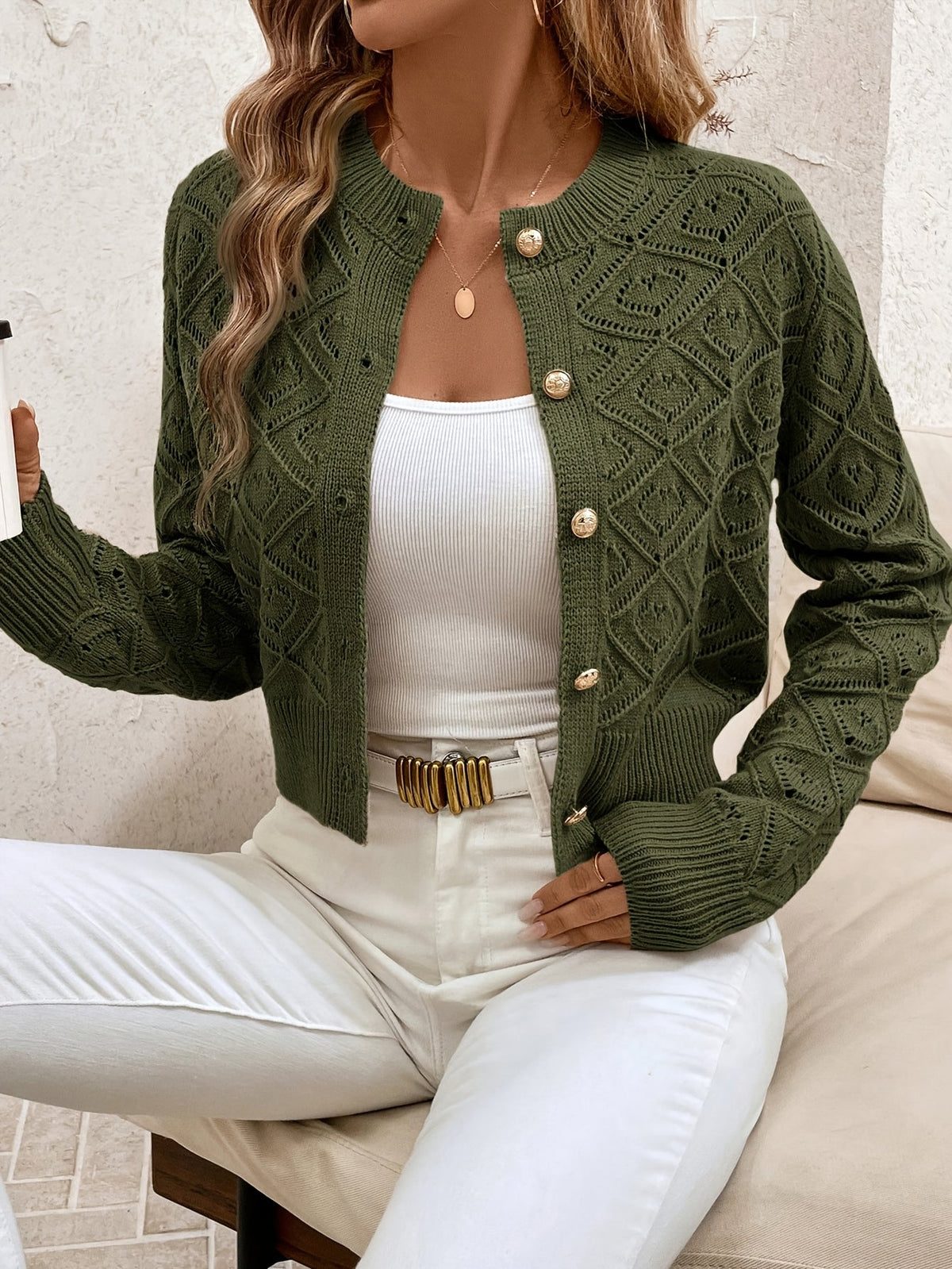 Buttoned Openwork Cardigan