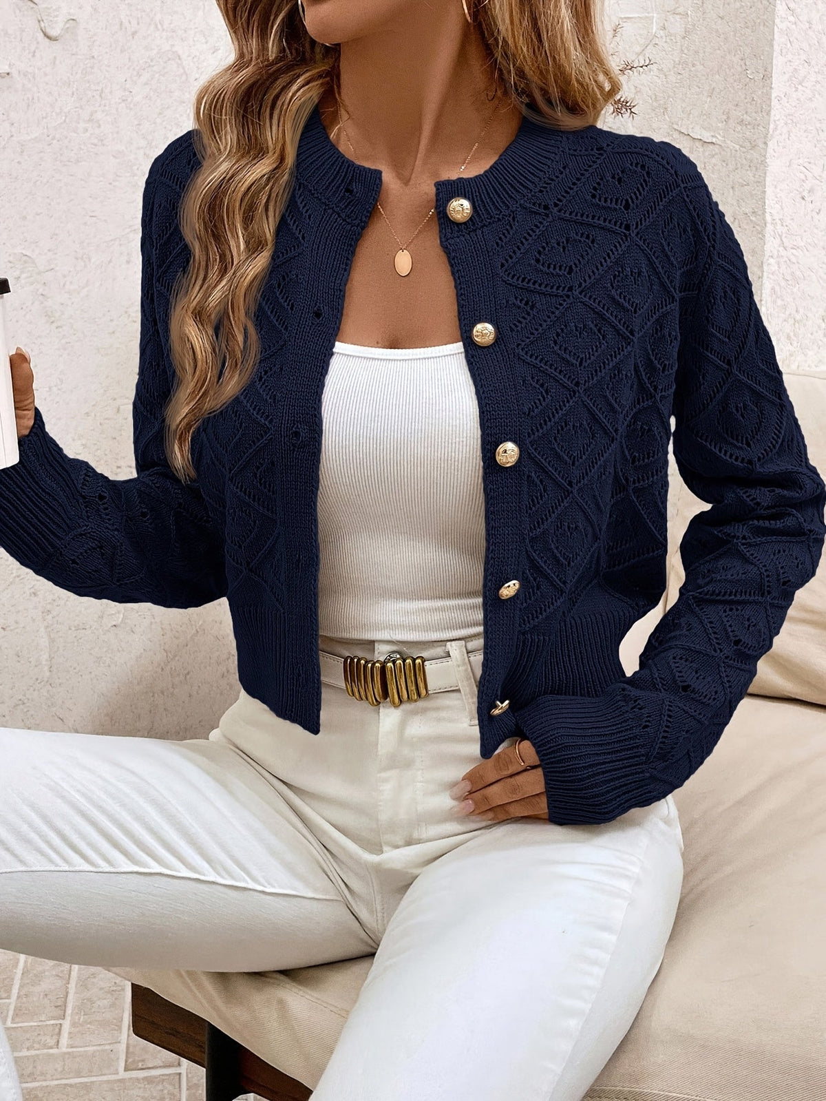 Buttoned Openwork Cardigan