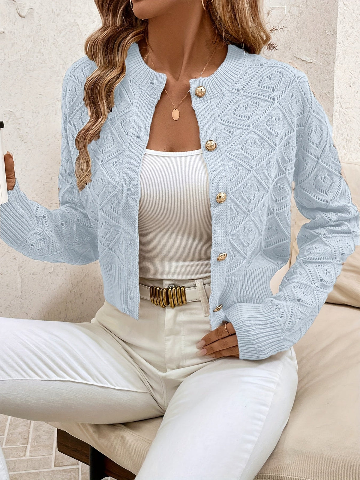 Buttoned Openwork Cardigan