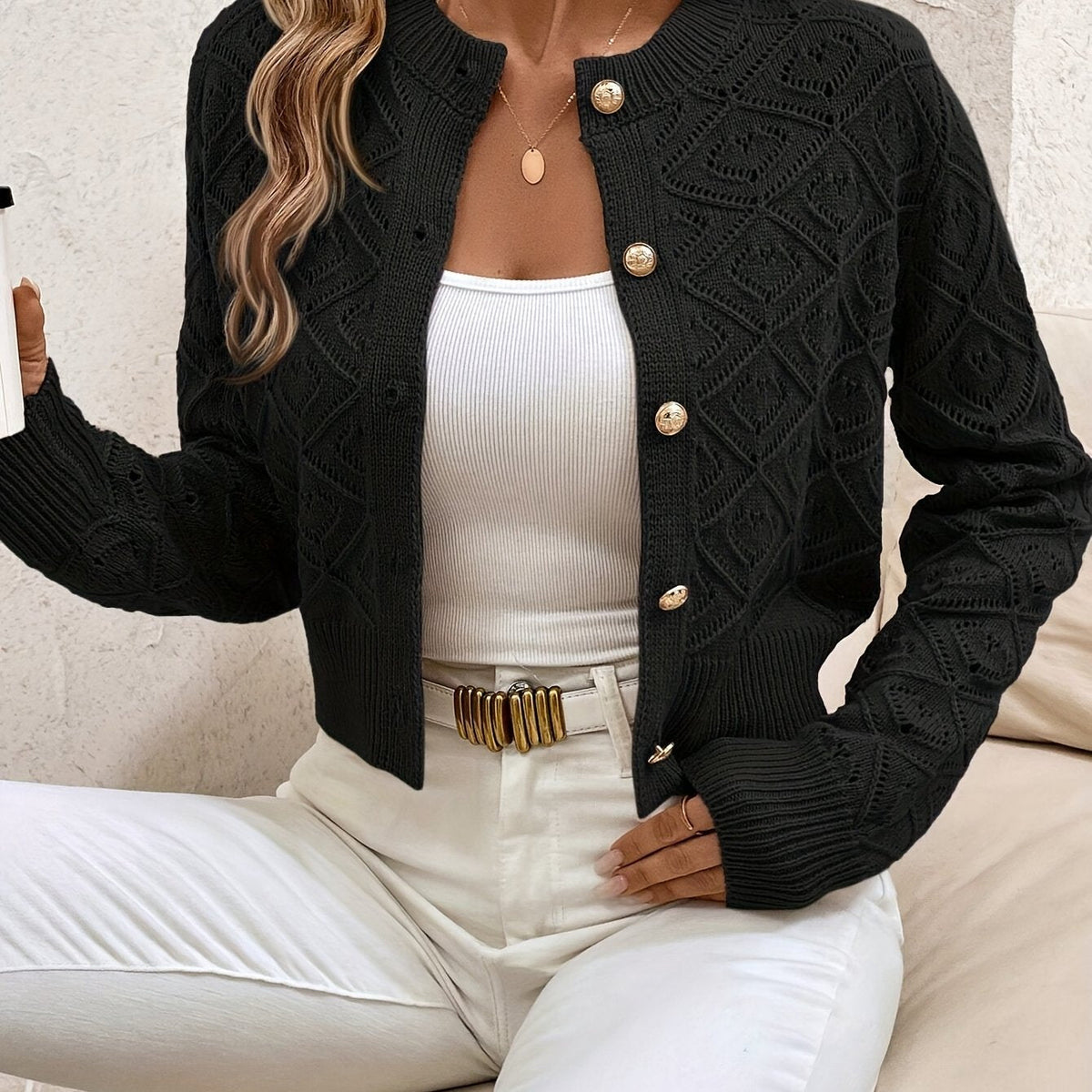 Buttoned Openwork Cardigan