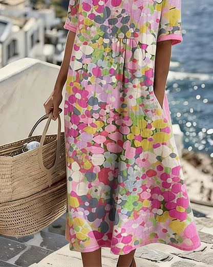 Floral Summer Linen Dress, Pink
