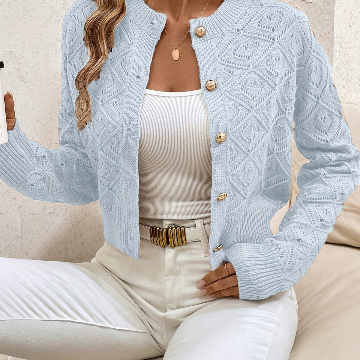 Buttoned Openwork Cardigan