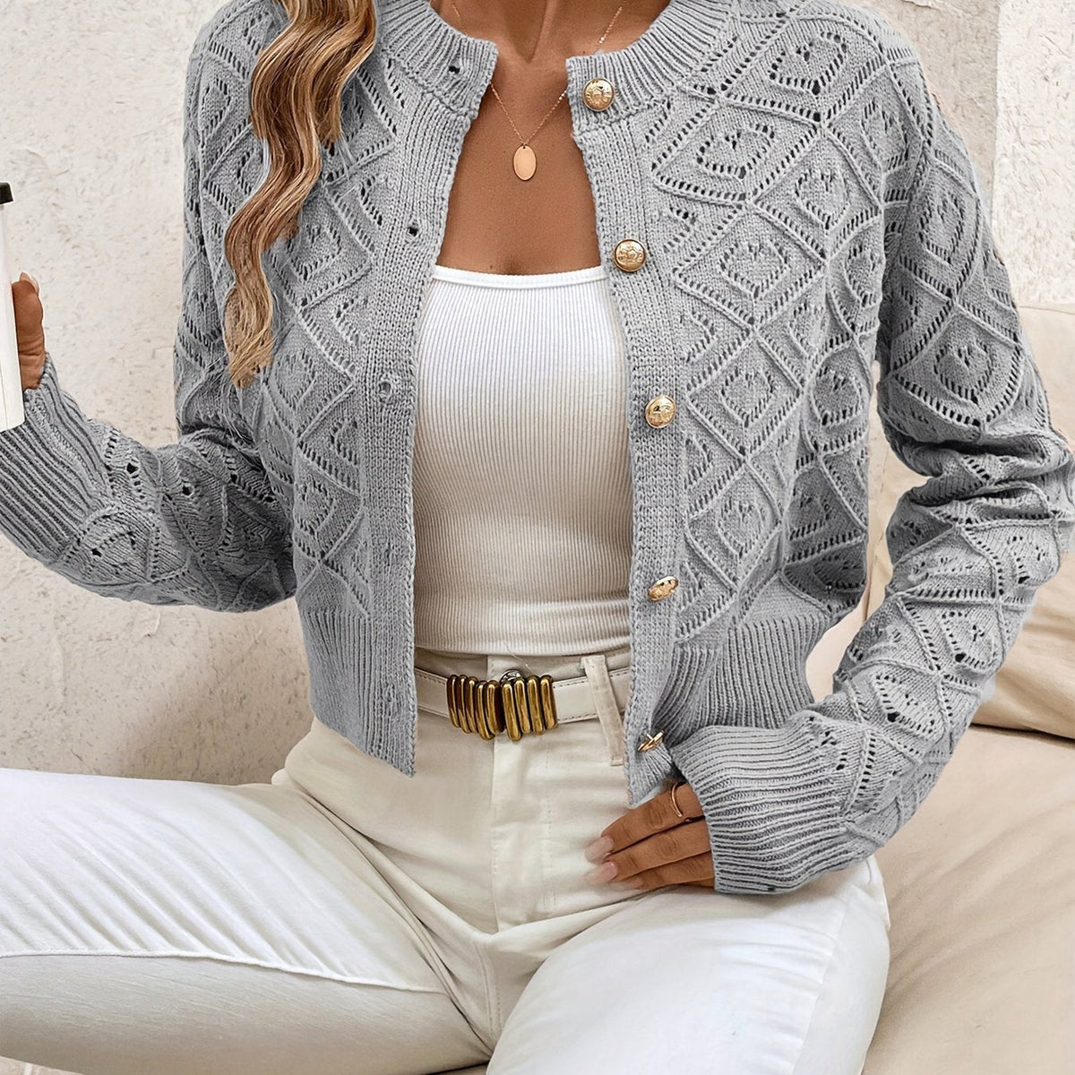 Buttoned Openwork Cardigan