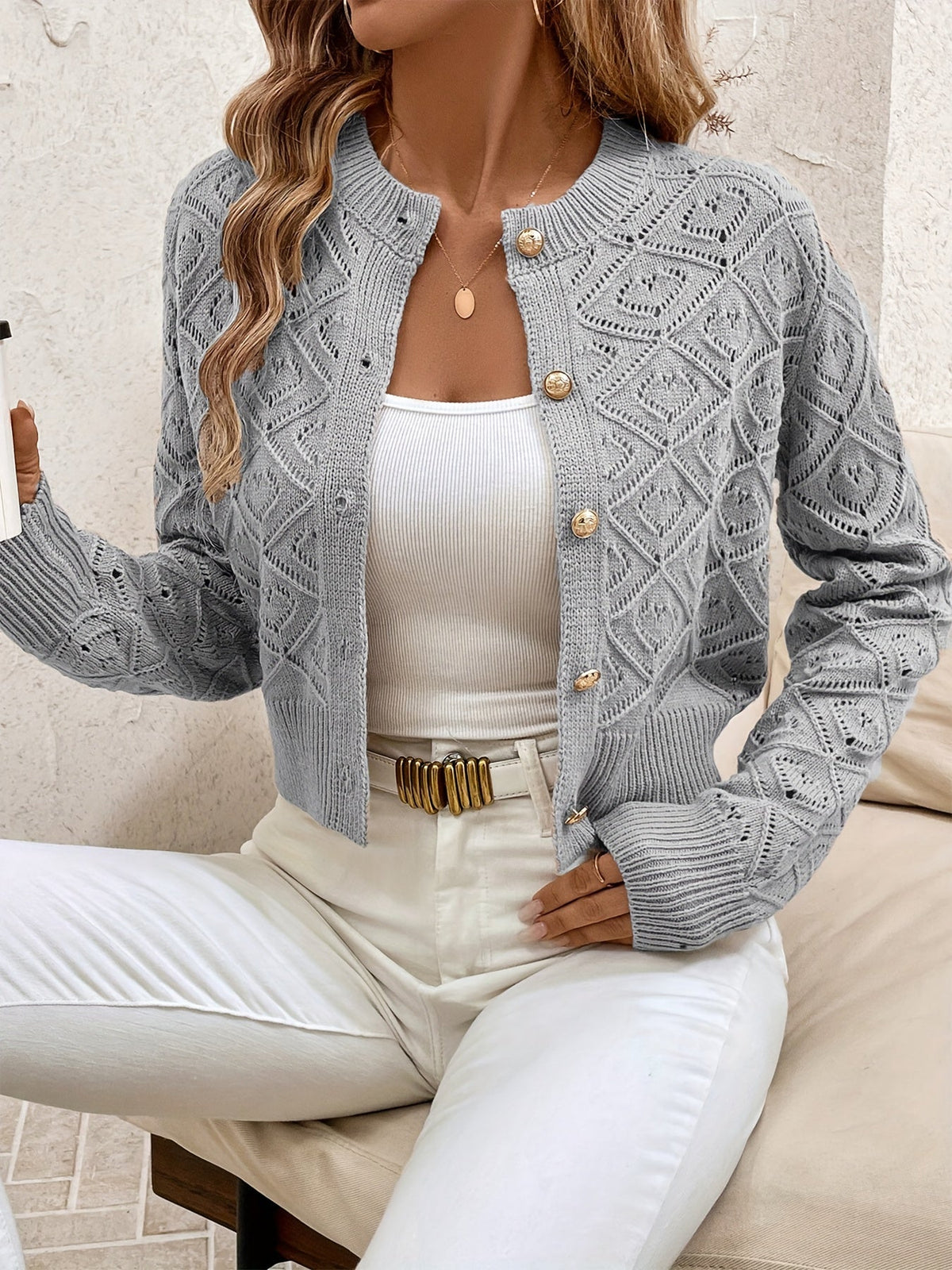 Buttoned Openwork Cardigan