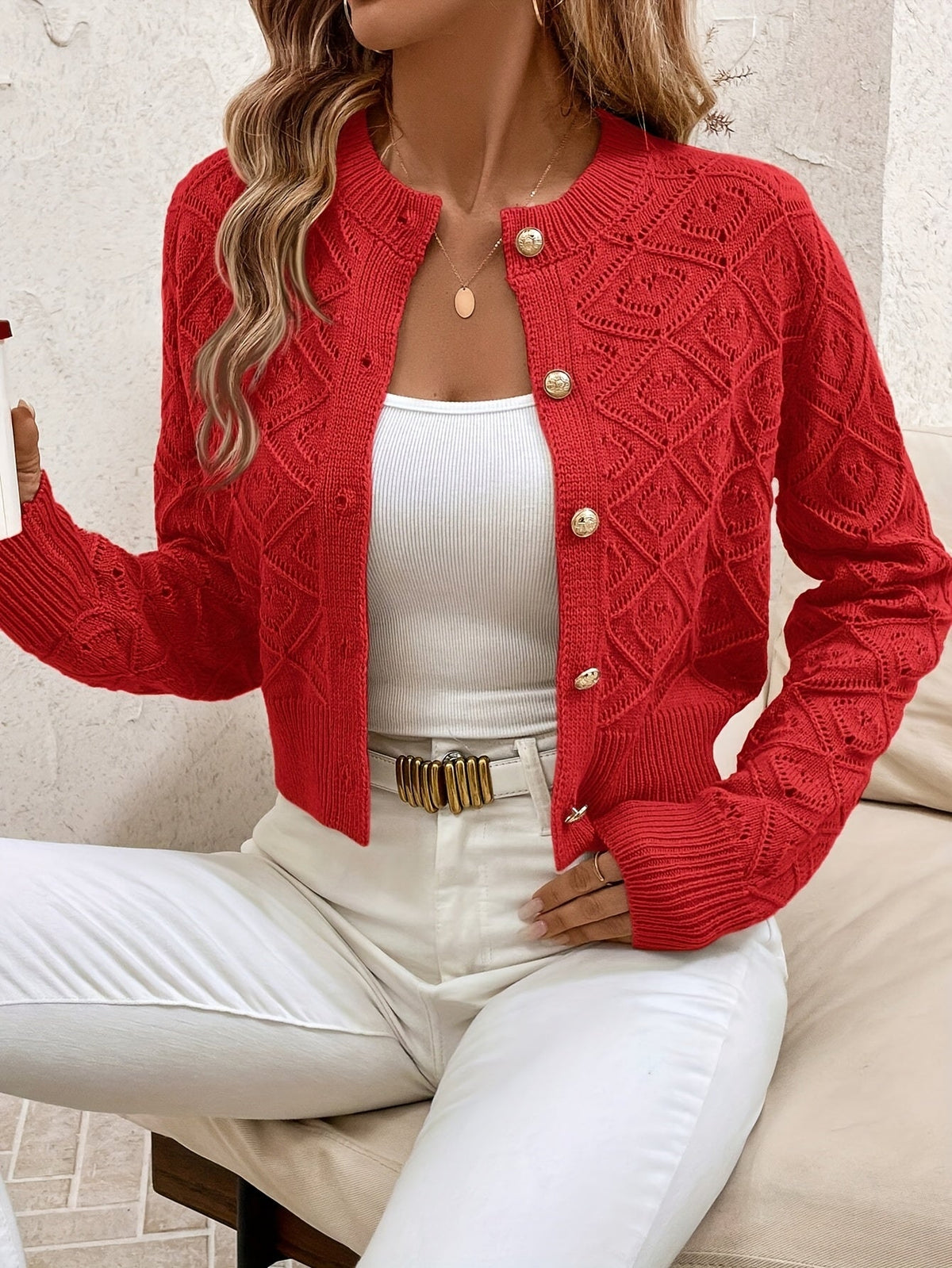 Buttoned Openwork Cardigan