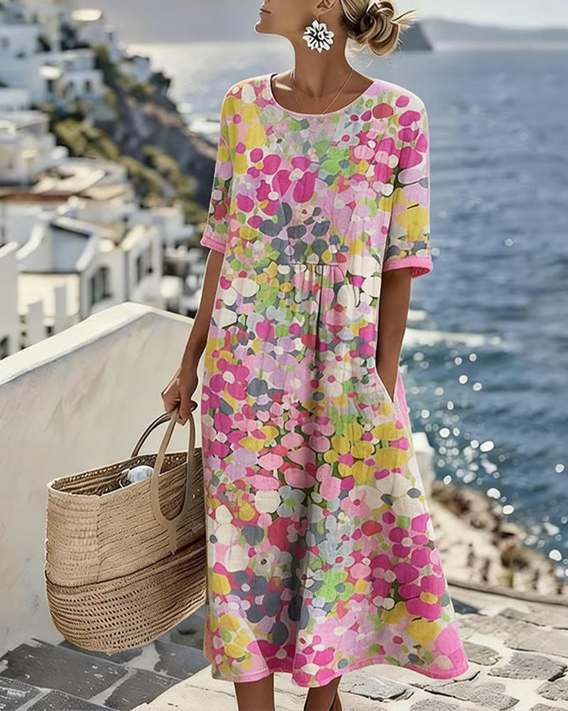 Floral Summer Linen Dress, Pink