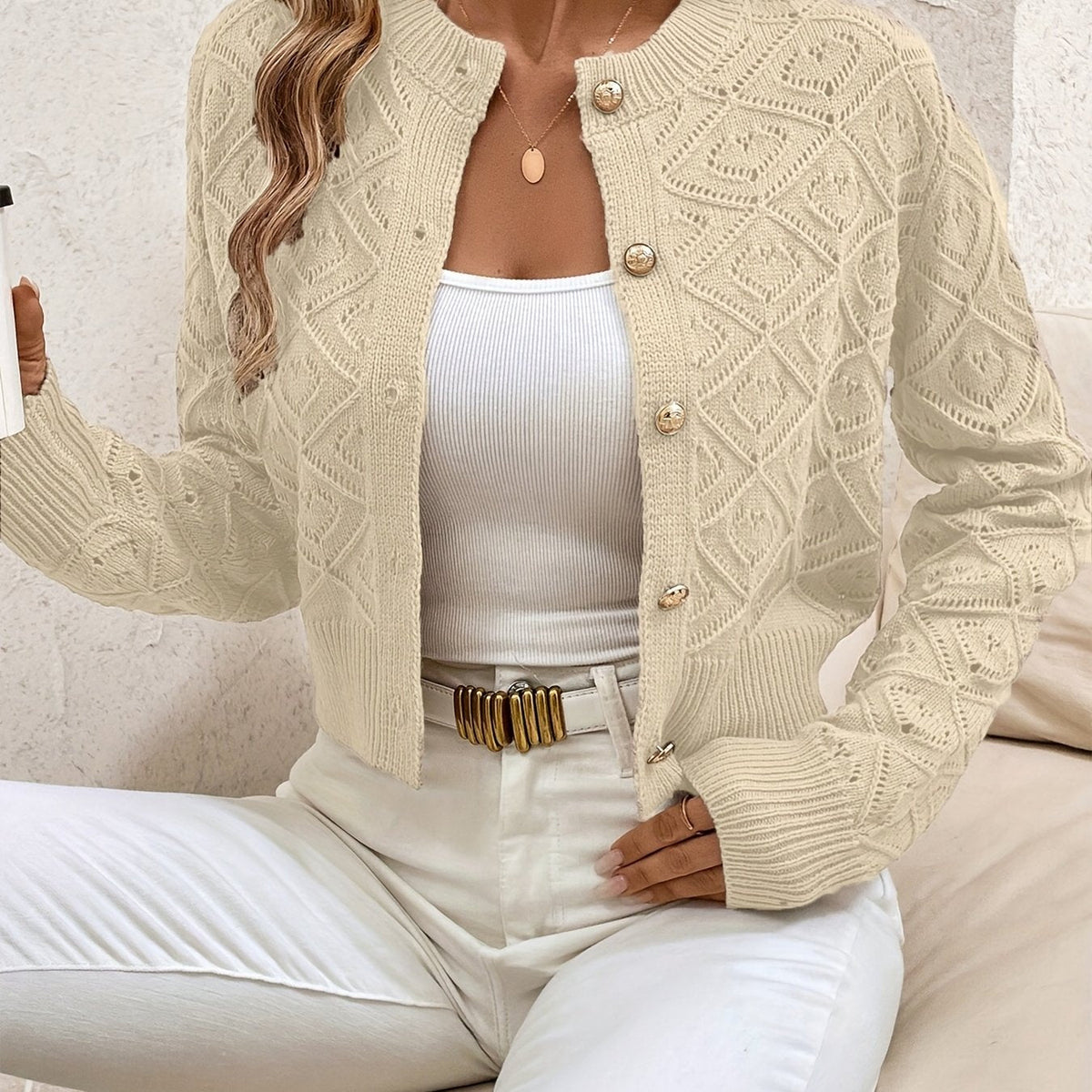 Buttoned Openwork Cardigan