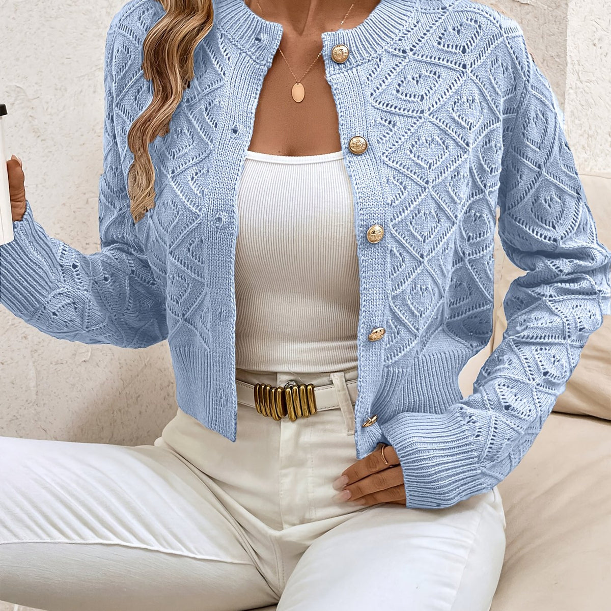 Buttoned Openwork Cardigan