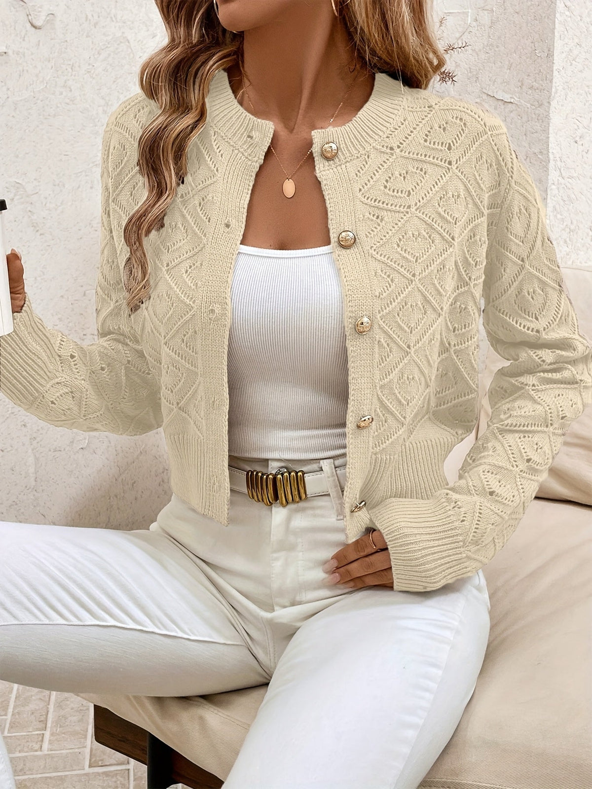 Buttoned Openwork Cardigan