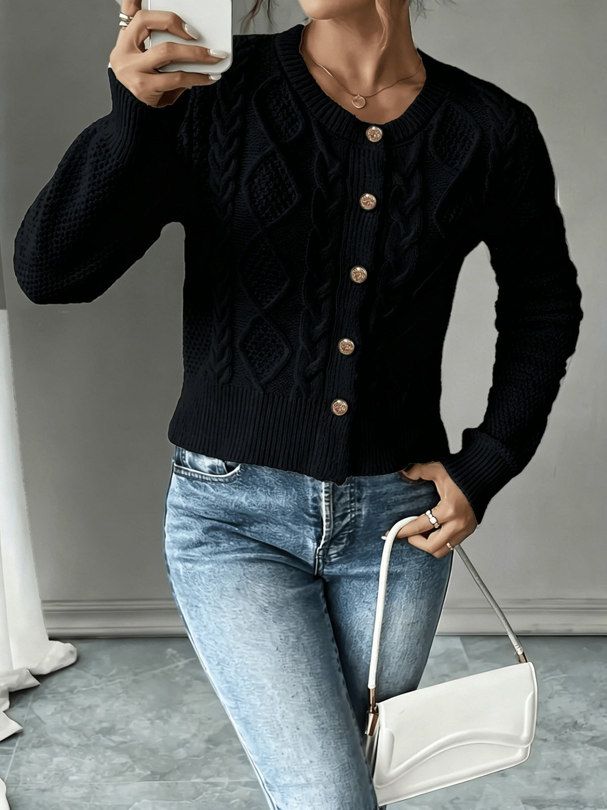Twisted Knit Winter Cardigan, Black