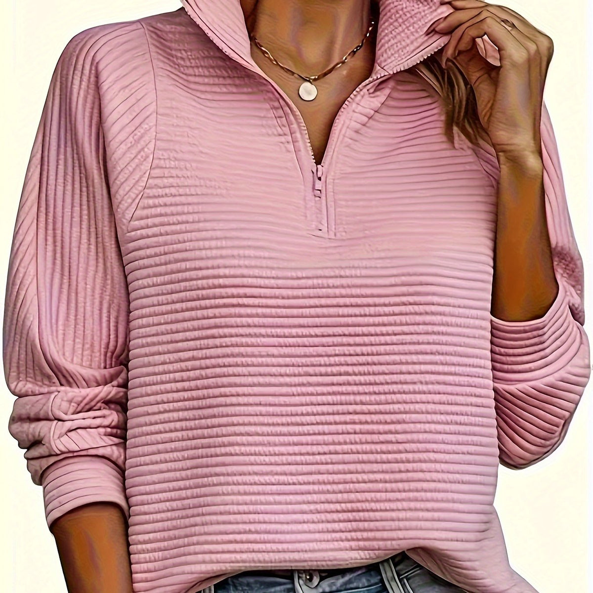 Ribbed Zip Neck Jumper, Pink