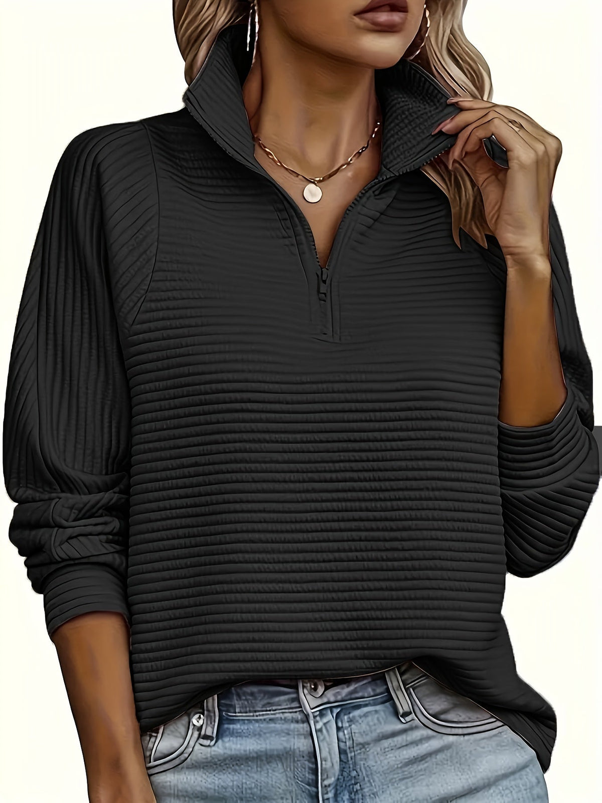Ribbed Zip Neck Jumper, Pink