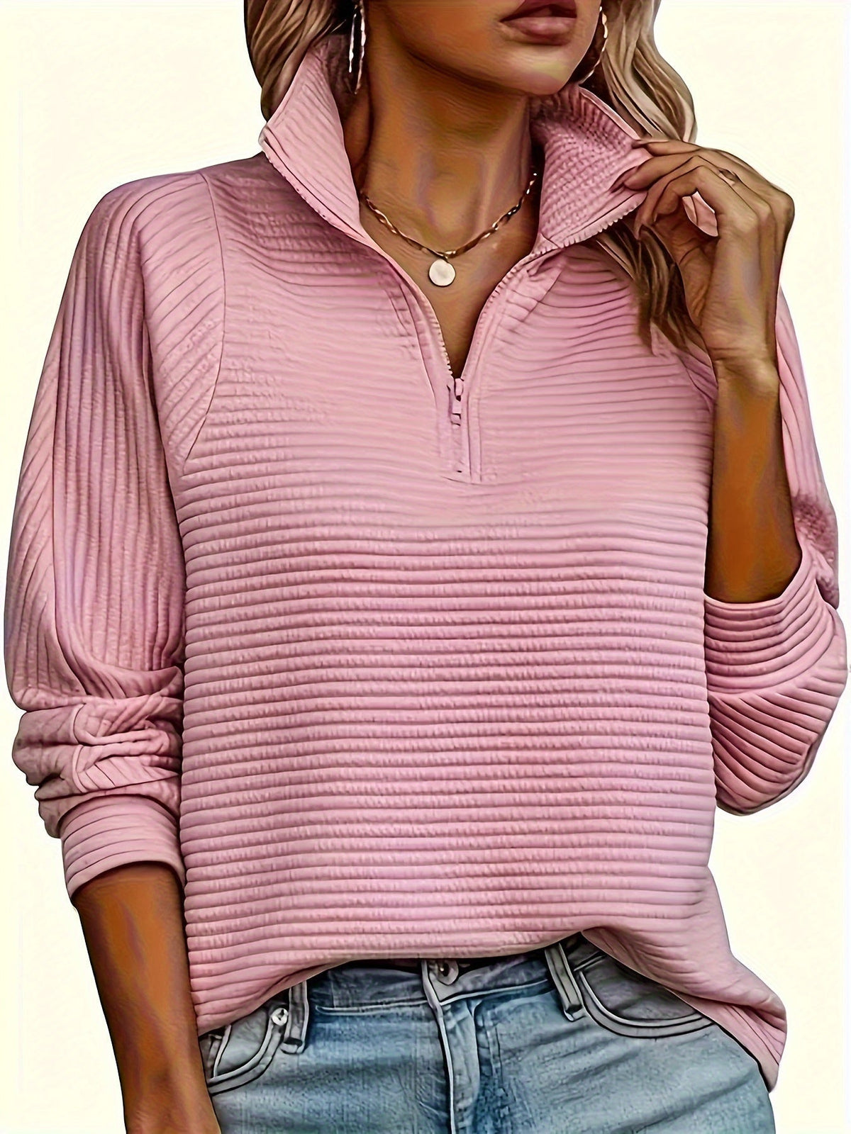 Ribbed Zip Neck Jumper, Pink