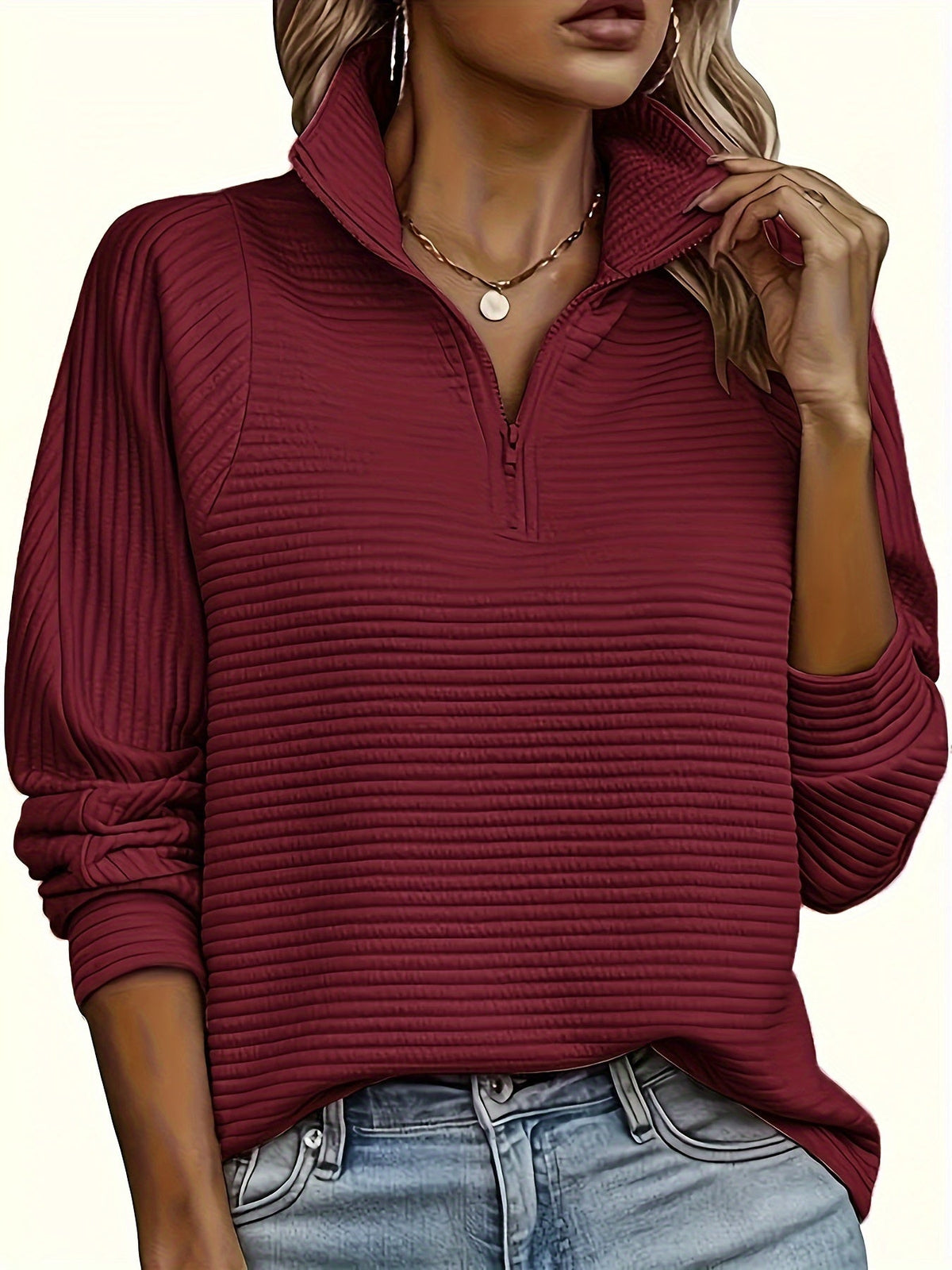 Ribbed Zip Neck Jumper, Pink
