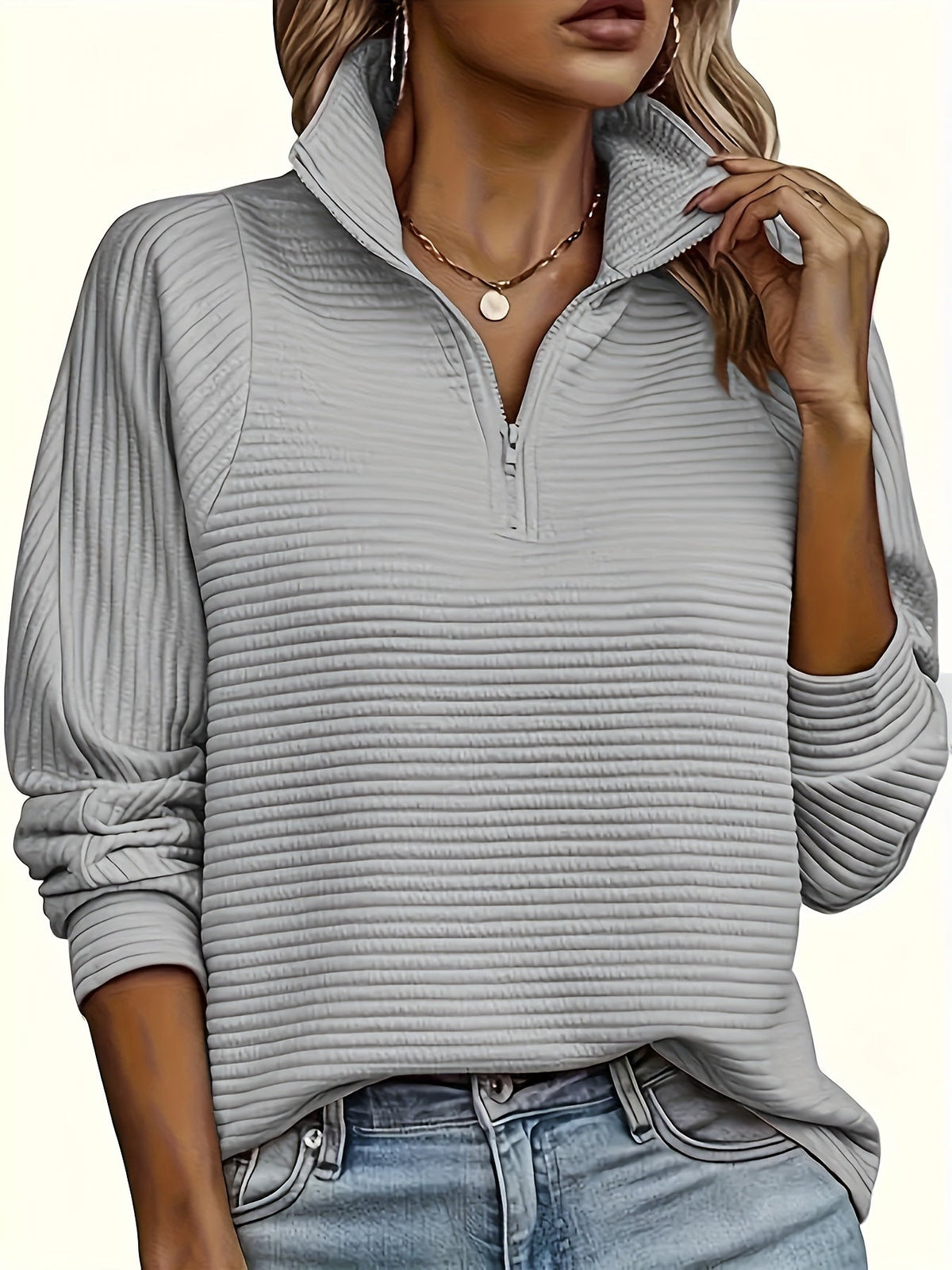 Ribbed Zip Neck Jumper, Pink