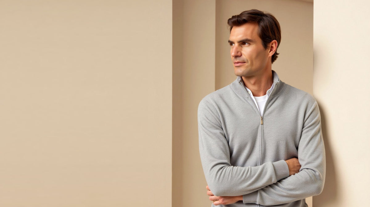 A man wearing a grey fine-knit zip cardigan over a white t-shirt