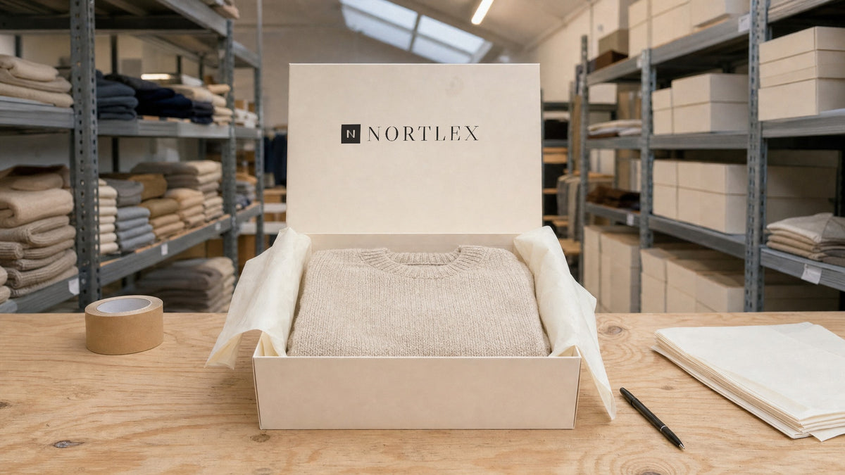 A folded knitted jumper packed in tissue inside a Nortlex box on a warehouse packing bench