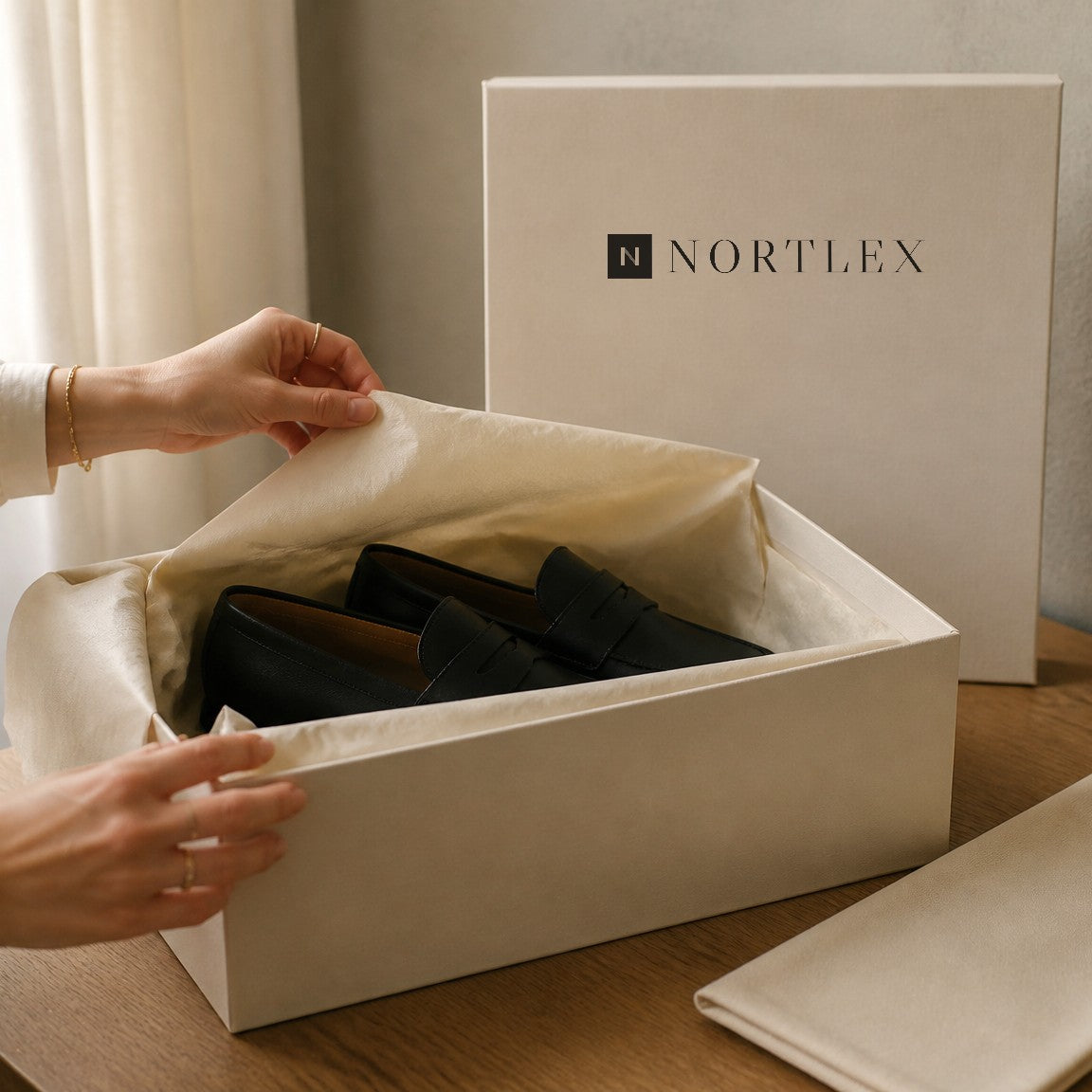 Hands lifting tissue paper from a pair of black leather loafers in an open Nortlex shoe box, the lid standing behind
