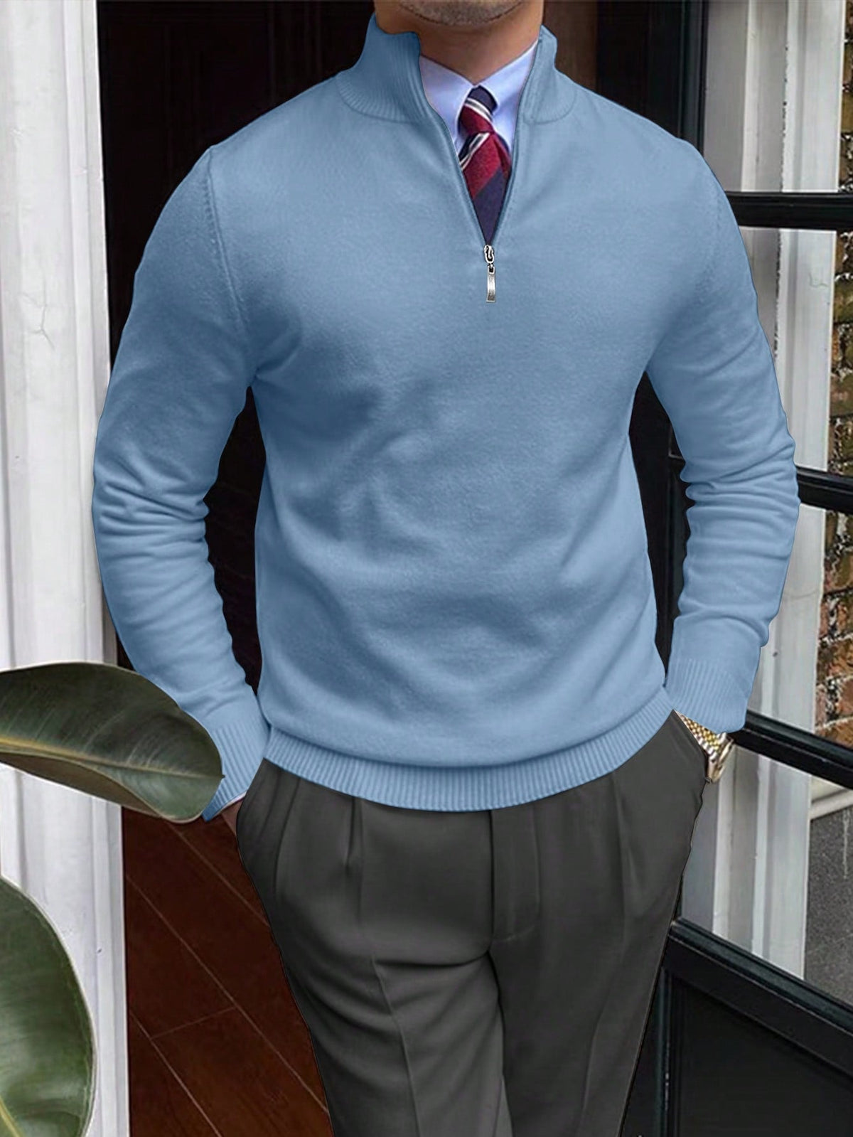 Fitted Zip Neck Jumper, Black