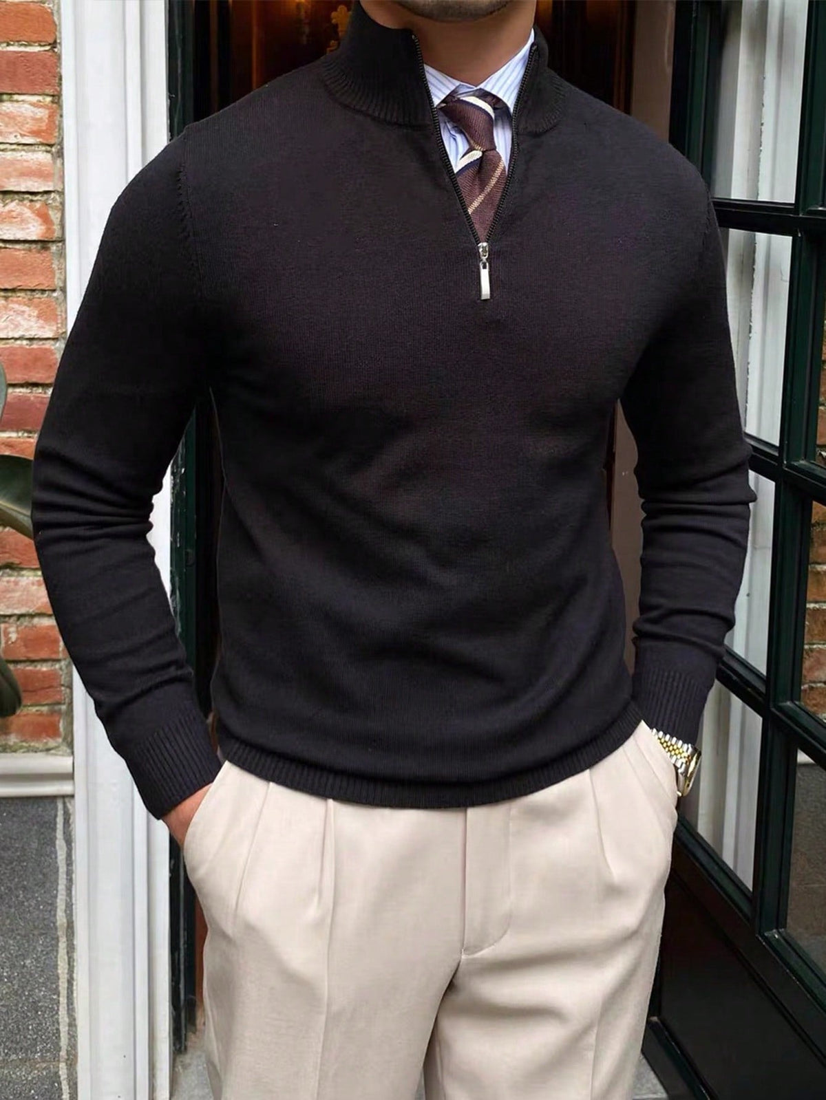 Fitted Zip Neck Jumper, Black
