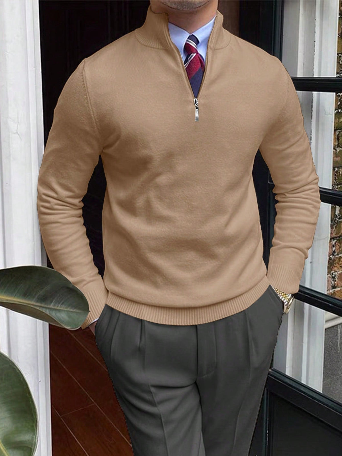 Fitted Zip Neck Jumper, Black