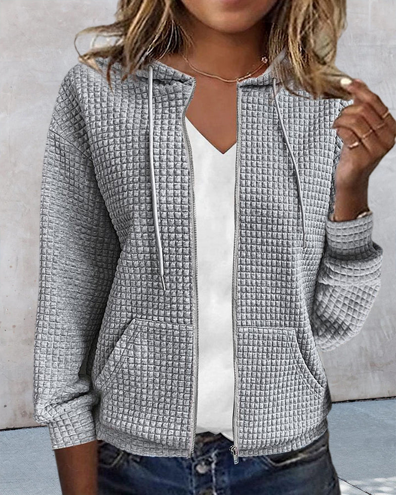 Textured Zip-Up Hooded Cardigan