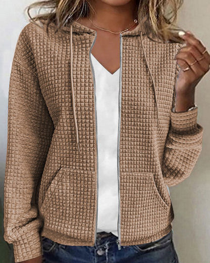 Textured Zip-Up Hooded Cardigan