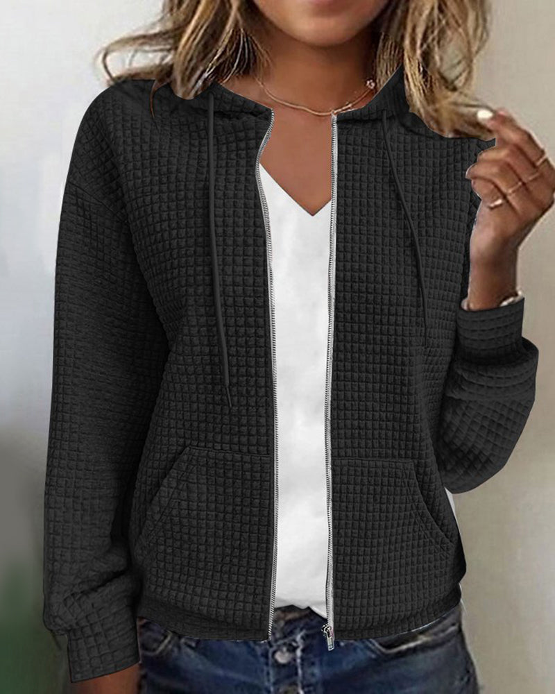 Textured Zip-Up Hooded Cardigan