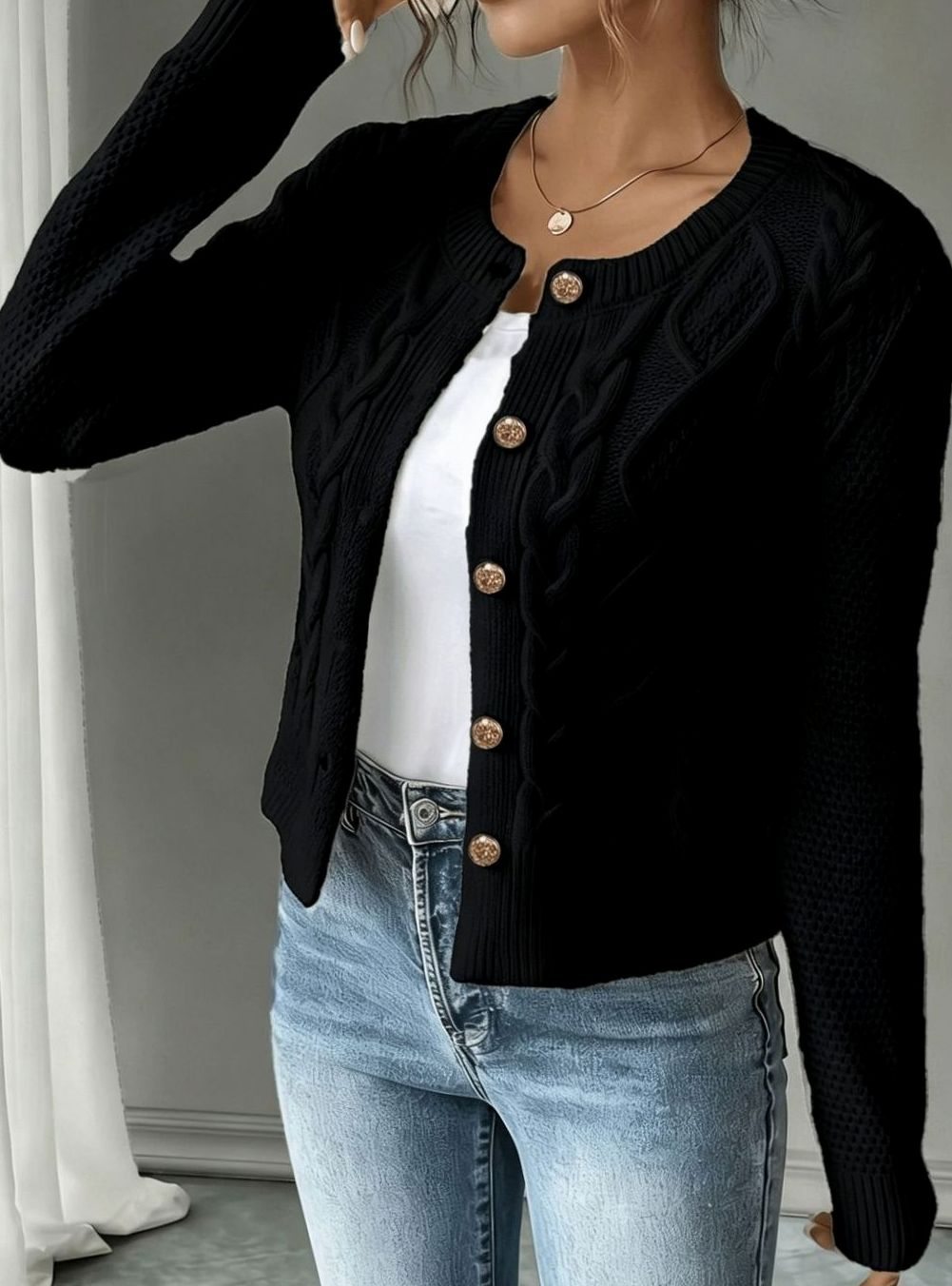 Twisted Knit Winter Cardigan, Black (2)