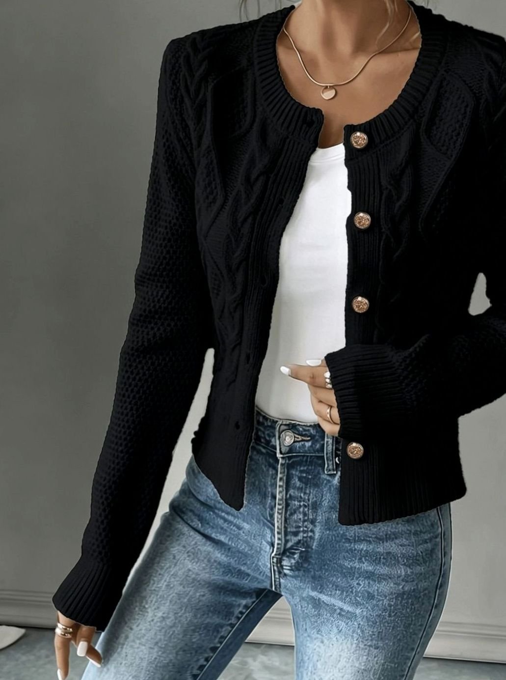 Twisted Knit Winter Cardigan, Black (2)