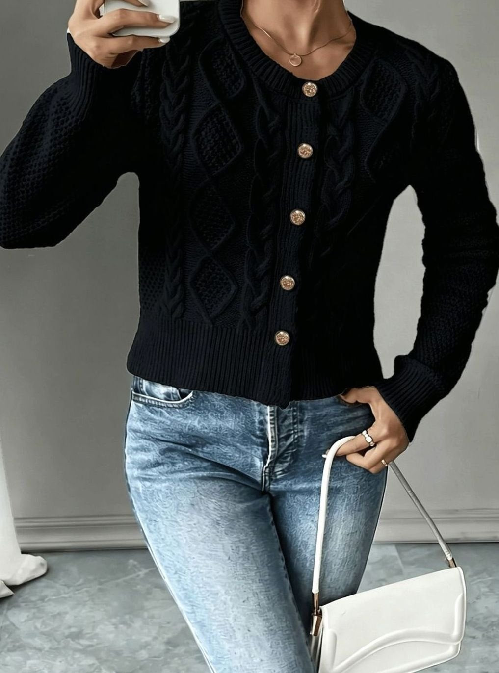 Twisted Knit Winter Cardigan, Black (2)