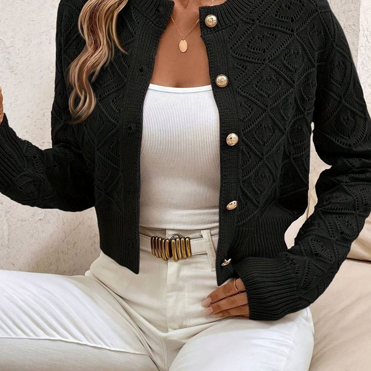 Openwork Buttoned Cardigan