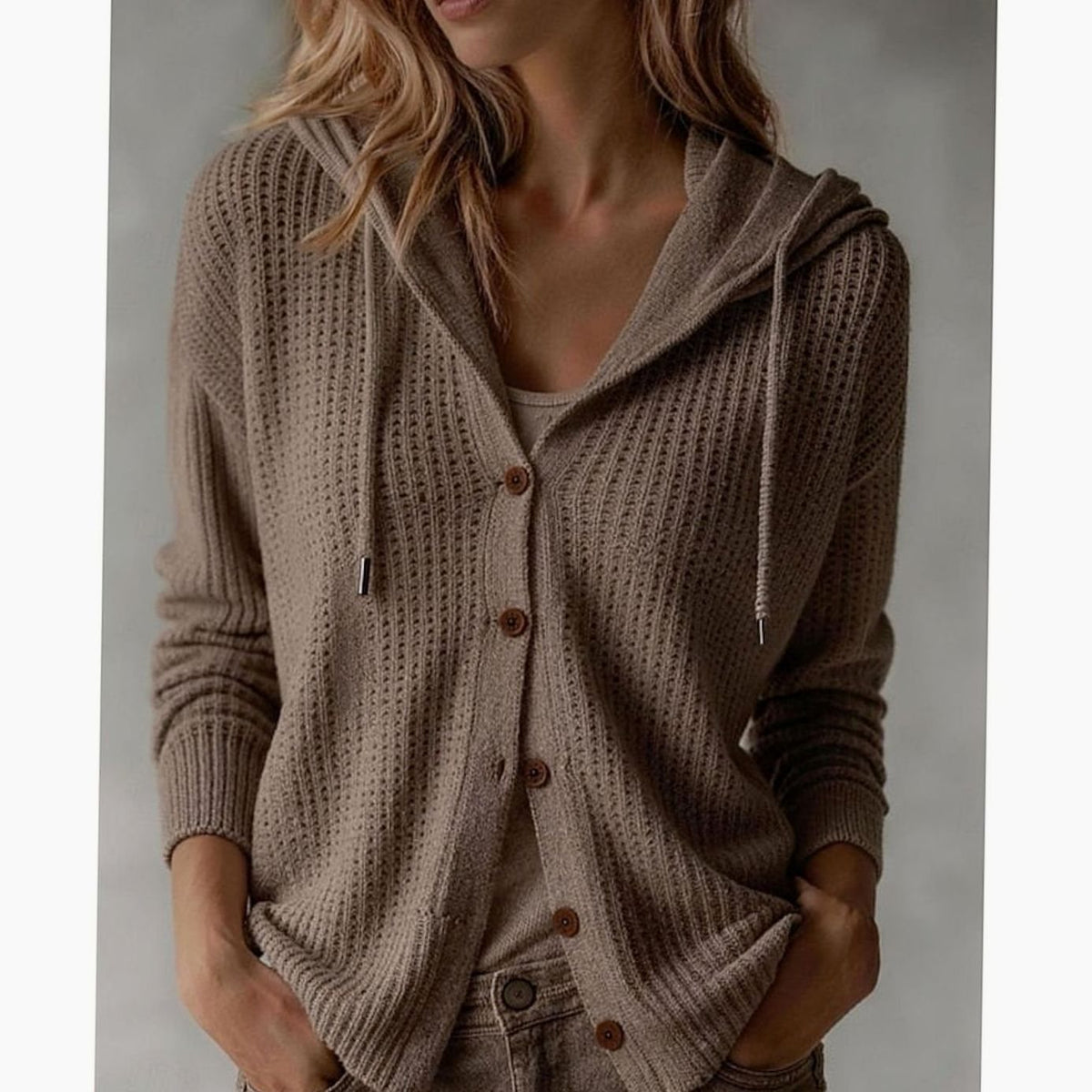 Textured Knit Autumn Cardigan, Brown (2)
