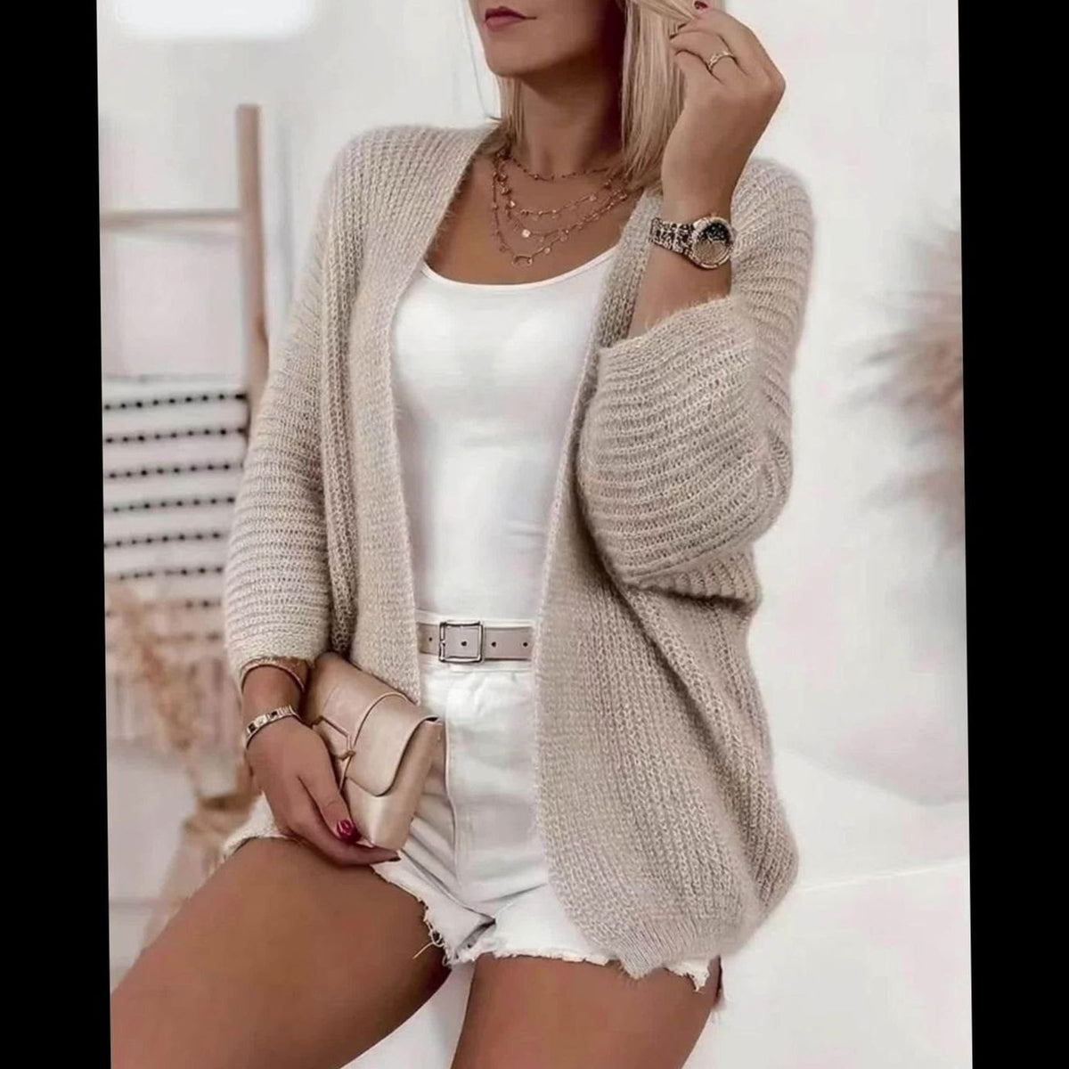 Oversized Knit Cardigan, Khaki (2)